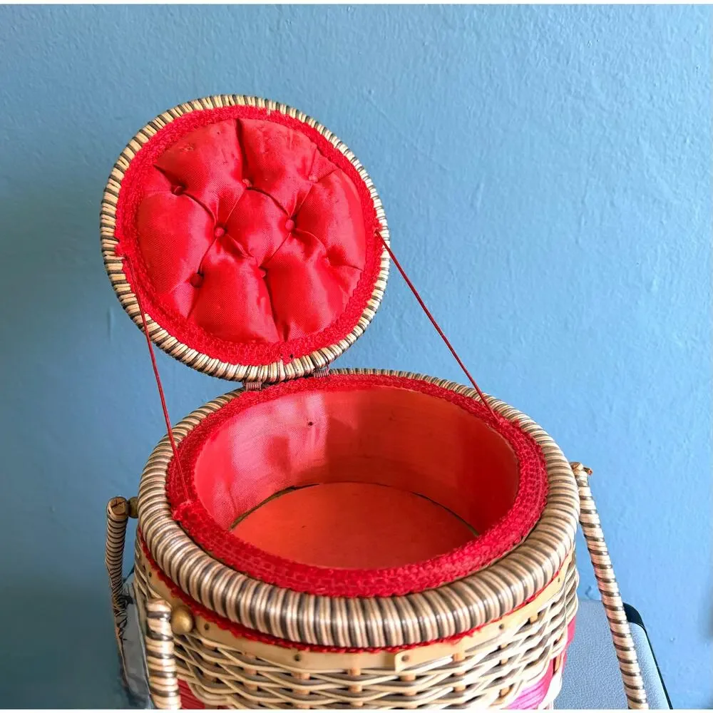 1950s Wicker Sewing Basket 2 Tier Double Box Purse Red Tufted Tray Pull Out